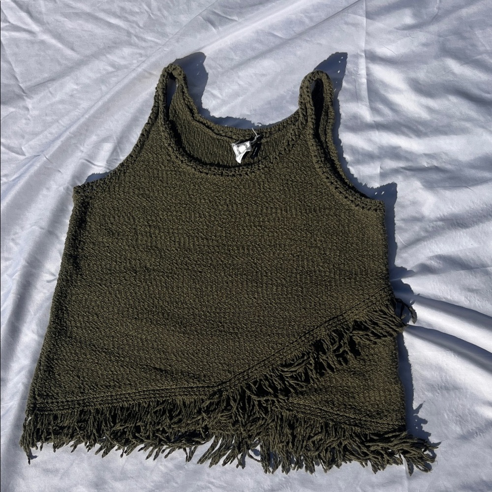Anthropologie Dark Green Fringe Tank sweater Top